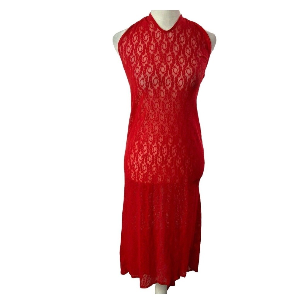 VICTORIA'S SECRET Women Sexy Sheer Lace Halter Midi Dress Sz S Red Party 58-1